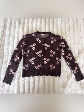 Floral Knit Cardigan Sweater - Dark Brown with Pink Blossoms